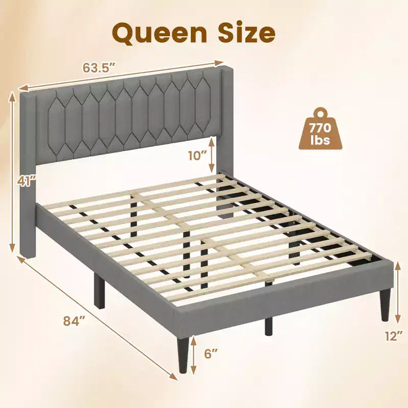 Cadre de lit Queen Size Costway en velours hollandais / tissu lin, rembourré avec tête de lit à ailerons