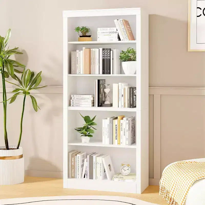 Bibliothèque haute de 180 cm, étagère en bois à 5 niveaux, rangement ouvert, bibliothèque moderne blanche, étagères de présentation sur pied pour salon