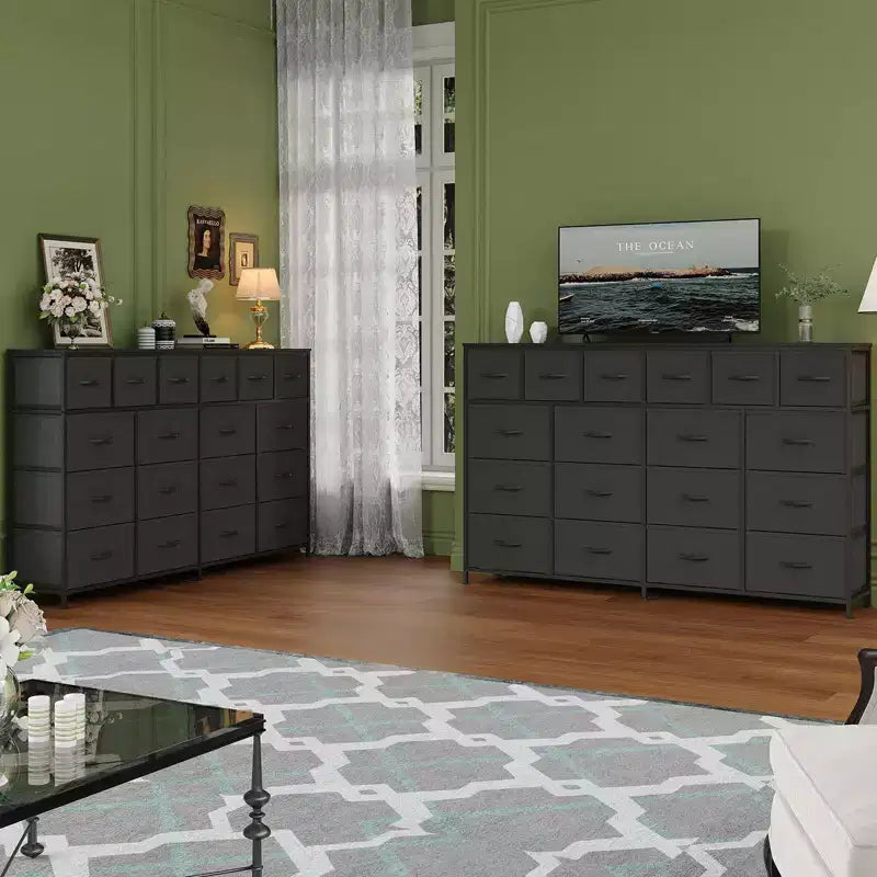 Commode de 63 pouces de large avec 18 tiroirs en tissu pour chambre à coucher avec station de charge, grandes commodes robustes pour chambre à coucher, cadre en acier, 63 L * 39 H * 11,8 P