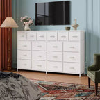 Commode de 63 pouces de large avec 18 tiroirs en tissu pour chambre à coucher avec station de charge, grandes commodes robustes pour chambre à coucher, cadre en acier, 63 L * 39 H * 11,8 P