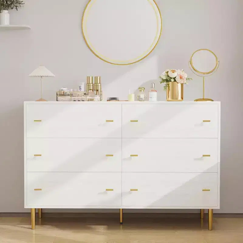 6 Drawers Dresser, Wood Rustic Chest of Drawers with Bar Handles, Vintage Design, Storage Dressers Organizer for Bedroom, Living Room, Hallway, White