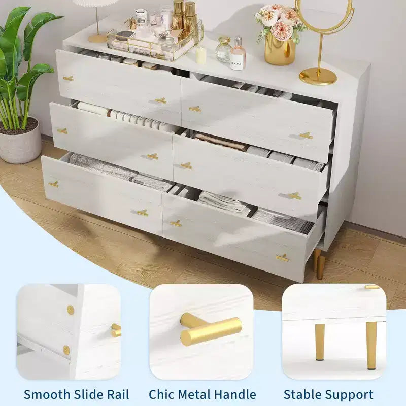 6 Drawers Dresser, Wood Rustic Chest of Drawers with Bar Handles, Vintage Design, Storage Dressers Organizer for Bedroom, Living Room, Hallway, White