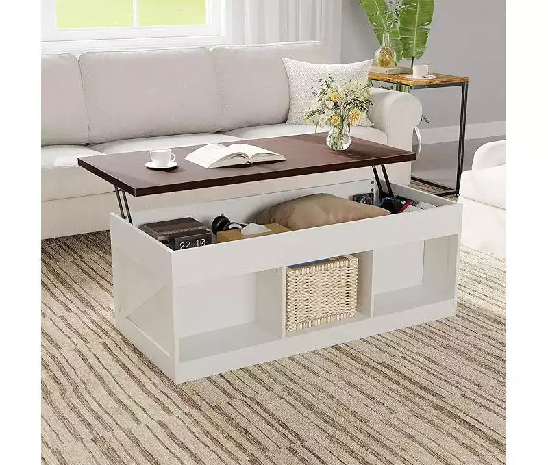 Farmhouse Lift Top Coffee Table with Hydraulic Height Adjustment  Multifunctional Adjustable End Table Featuring Hidden Storage Compartment