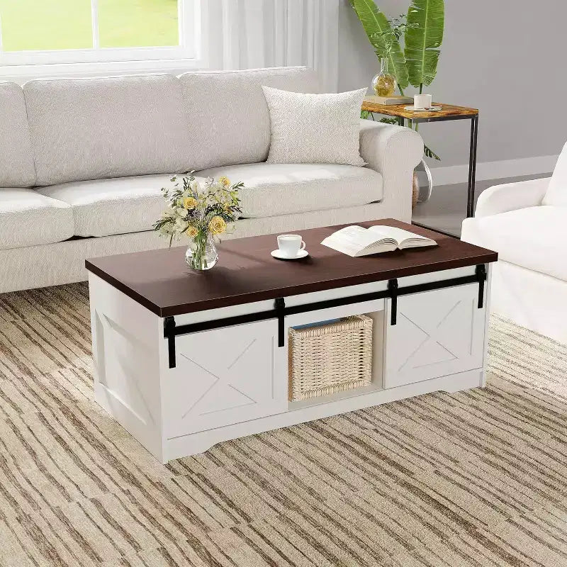 Table basse de style rustique à plateau relevable avec réglage hydraulique de la hauteur, table d'appoint multifonctionnelle réglable avec compartiment de rangement dissimulé