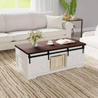 Table basse de style rustique à plateau relevable avec réglage hydraulique de la hauteur, table d'appoint multifonctionnelle réglable avec compartiment de rangement dissimulé