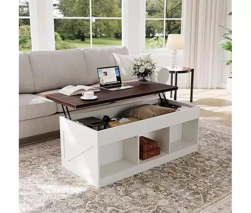 Table basse de style rustique à plateau relevable avec réglage hydraulique de la hauteur, table d'appoint multifonctionnelle réglable avec compartiment de rangement dissimulé