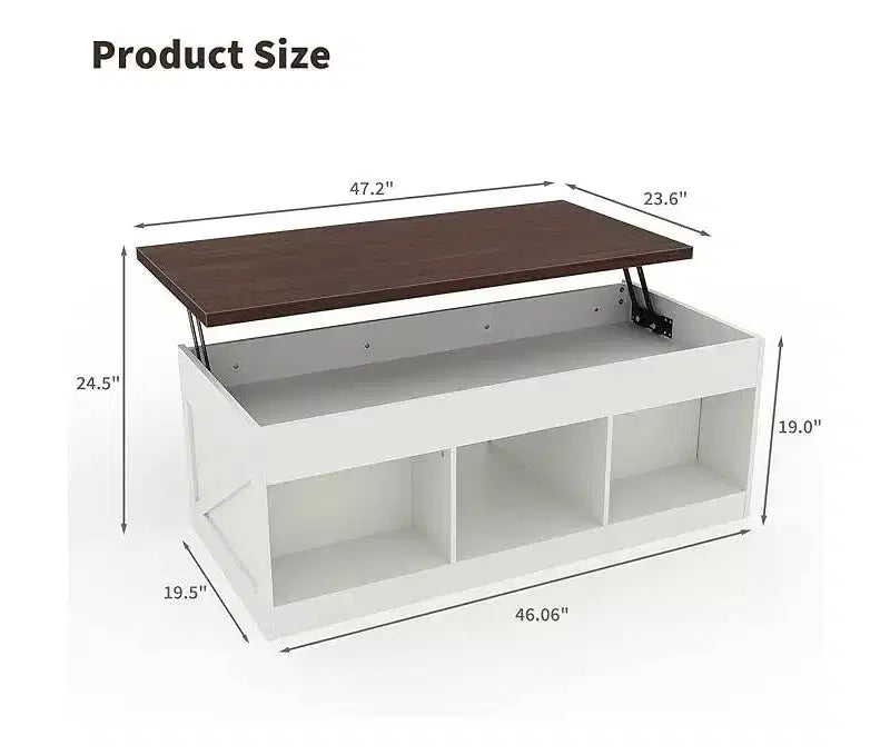 Table basse de style rustique à plateau relevable avec réglage hydraulique de la hauteur, table d'appoint multifonctionnelle réglable avec compartiment de rangement dissimulé