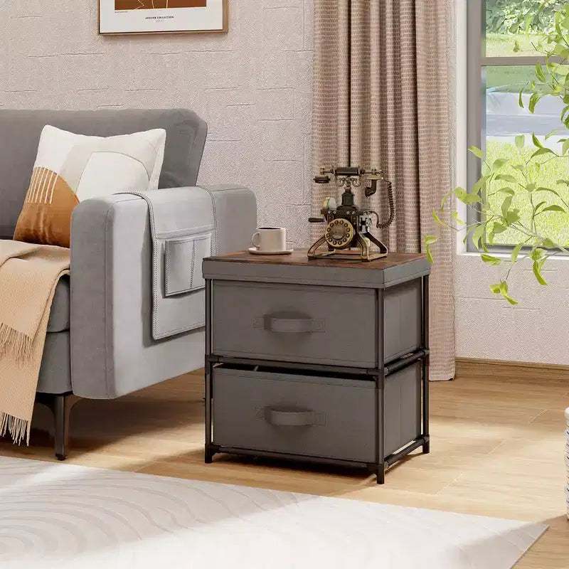 Costway Commode 2 tiroirs en tissu, organisateur de rangement, table de chevet/d'appoint, grise et marron rustique