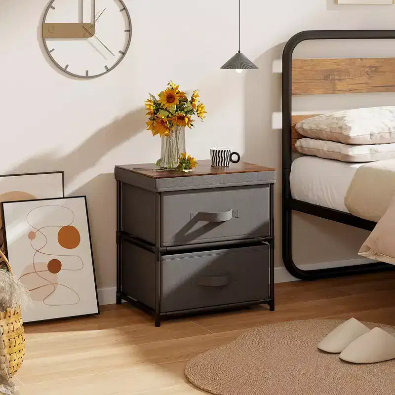 Costway Commode 2 tiroirs en tissu, organisateur de rangement, table de chevet/d'appoint, grise et marron rustique