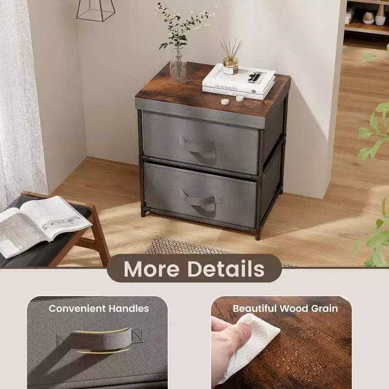 Costway Commode 2 tiroirs en tissu, organisateur de rangement, table de chevet/d'appoint, grise et marron rustique