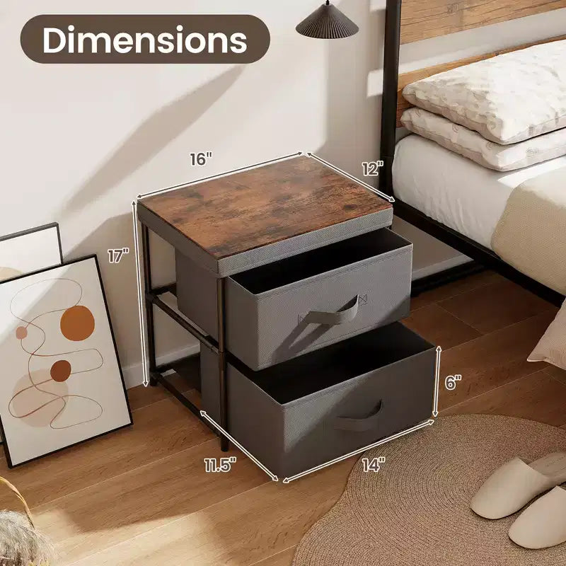 Costway Commode 2 tiroirs en tissu, organisateur de rangement, table de chevet/d'appoint, grise et marron rustique