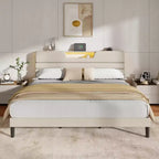 Lit plateforme moderne King Beige capitonné avec tête de lit de rangement, étagère à 2 niveaux, lumières LED, station de charge USB, lattes en bois – aucun sommier tapissier requis