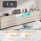 Lit plateforme moderne King Beige capitonné avec tête de lit de rangement, étagère à 2 niveaux, lumières LED, station de charge USB, lattes en bois – aucun sommier tapissier requis