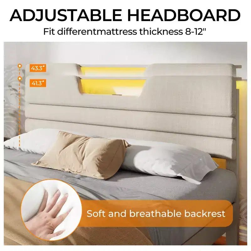 Lit plateforme moderne King Beige capitonné avec tête de lit de rangement, étagère à 2 niveaux, lumières LED, station de charge USB, lattes en bois – aucun sommier tapissier requis