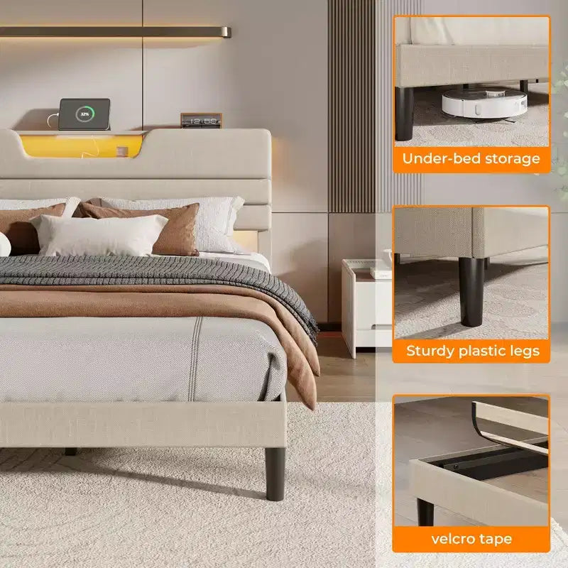 Lit plateforme moderne King Beige capitonné avec tête de lit de rangement, étagère à 2 niveaux, lumières LED, station de charge USB, lattes en bois – aucun sommier tapissier requis