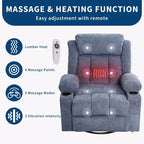 Fauteuil inclinable pivotant, fauteuil à bascule large avec massage chauffant, fauteuil à bascule simple à 3 positions, 2 poches latérales, porte-gobelets, ports USB, télécommande