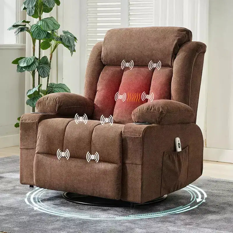 Fauteuil inclinable pivotant, fauteuil à bascule large avec massage chauffant, fauteuil à bascule simple à 3 positions, 2 poches latérales, porte-gobelets, ports USB, télécommande