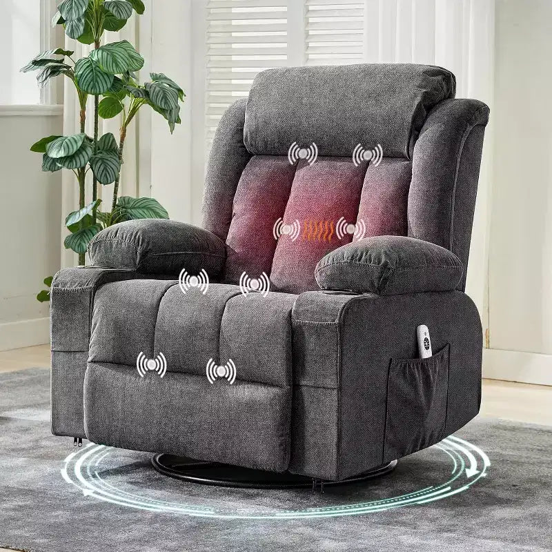 Fauteuil inclinable pivotant, fauteuil à bascule large avec massage chauffant, fauteuil à bascule simple à 3 positions, 2 poches latérales, porte-gobelets, ports USB, télécommande