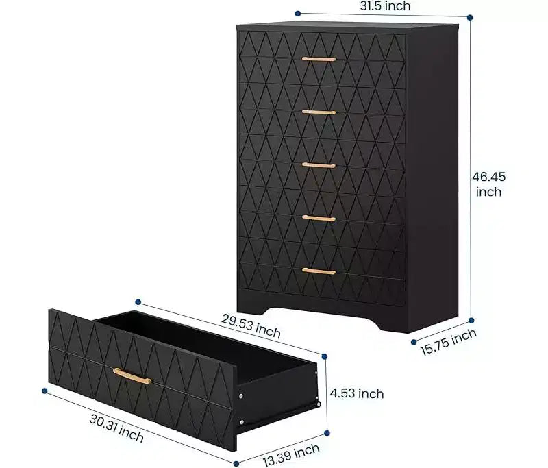 Commode haute de chambre à coucher avec 5 tiroirs, commode en bois avec poignées dorées, armoire de rangement en bois et tiroirs de rangement pour salon