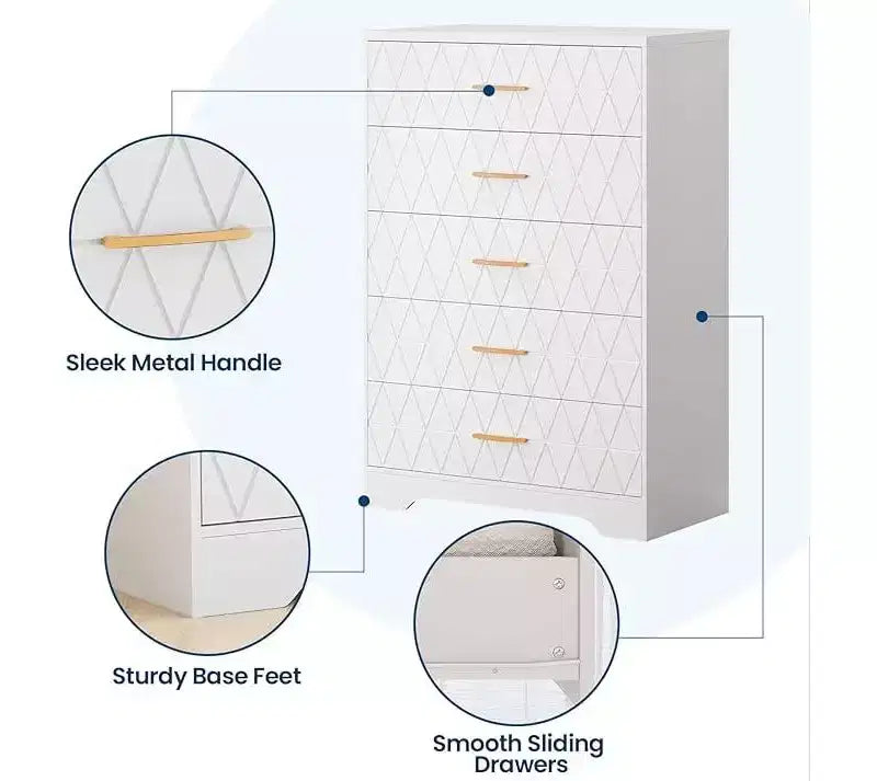 Commode haute de chambre à coucher avec 5 tiroirs, commode en bois avec poignées dorées, armoire de rangement en bois et tiroirs de rangement pour salon