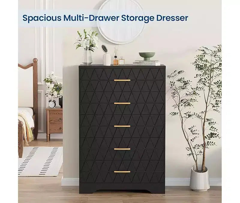 Commode haute de chambre à coucher avec 5 tiroirs, commode en bois avec poignées dorées, armoire de rangement en bois et tiroirs de rangement pour salon