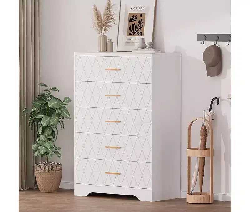 Commode haute de chambre à coucher avec 5 tiroirs, commode en bois avec poignées dorées, armoire de rangement en bois et tiroirs de rangement pour salon
