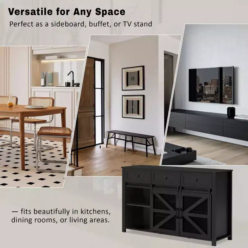 Okak Buffet moderne en verre, meuble de rangement pour salle à manger, armoires de cuisine avec porte coulissante de style grange et poignées en métal