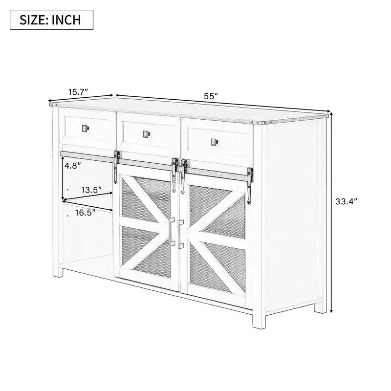 Okak Buffet moderne en verre, meuble de rangement pour salle à manger, armoires de cuisine avec porte coulissante de style grange et poignées en métal