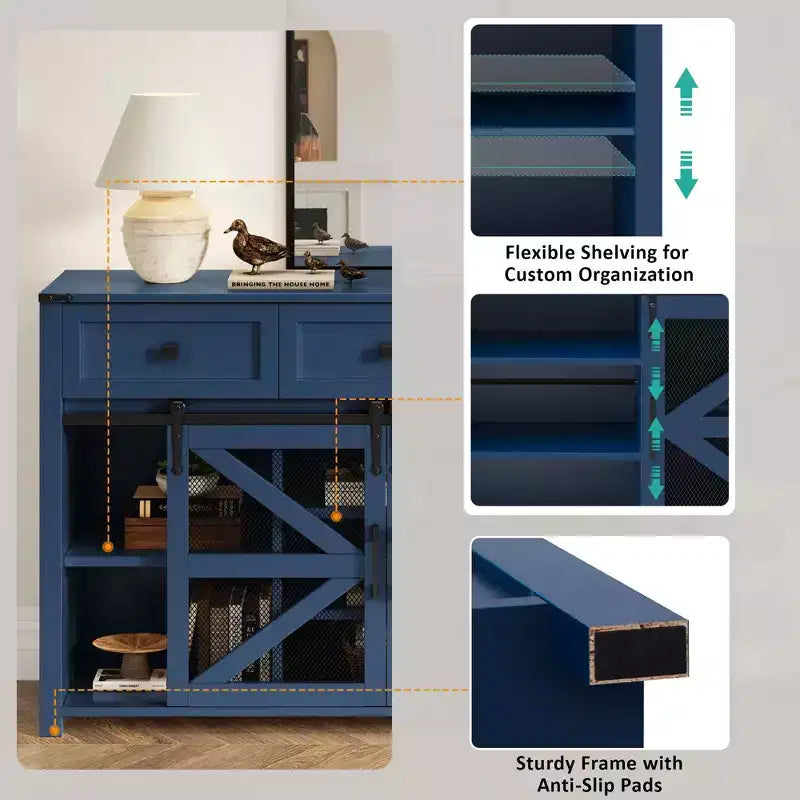 Okak Buffet moderne en verre, meuble de rangement pour salle à manger, armoires de cuisine avec porte coulissante de style grange et poignées en métal