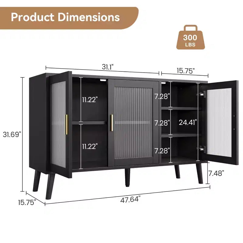 Storage Cabinet with 3 Long Rainbow Glass Doors, Large Capacity Particleboard Sideboard, Modern for Kitchen, Dining, or Living Room Black