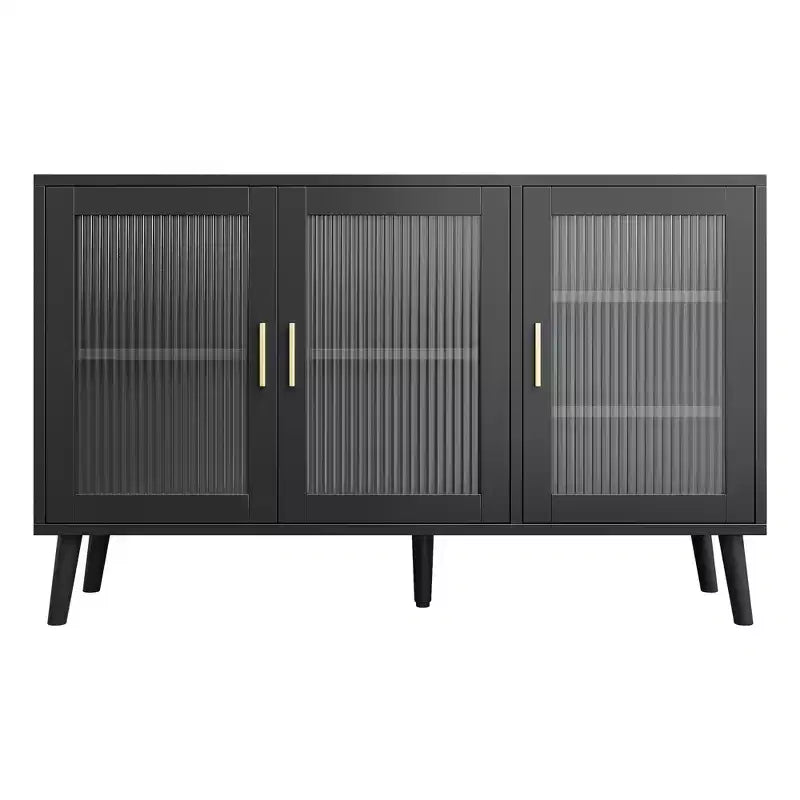 Storage Cabinet with 3 Long Rainbow Glass Doors, Large Capacity Particleboard Sideboard, Modern for Kitchen, Dining, or Living Room Black