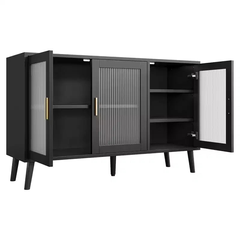 Storage Cabinet with 3 Long Rainbow Glass Doors, Large Capacity Particleboard Sideboard, Modern for Kitchen, Dining, or Living Room Black