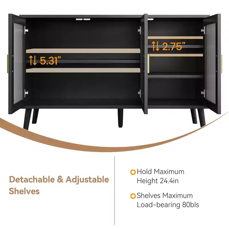 Storage Cabinet with 3 Long Rainbow Glass Doors, Large Capacity Particleboard Sideboard, Modern for Kitchen, Dining, or Living Room Black