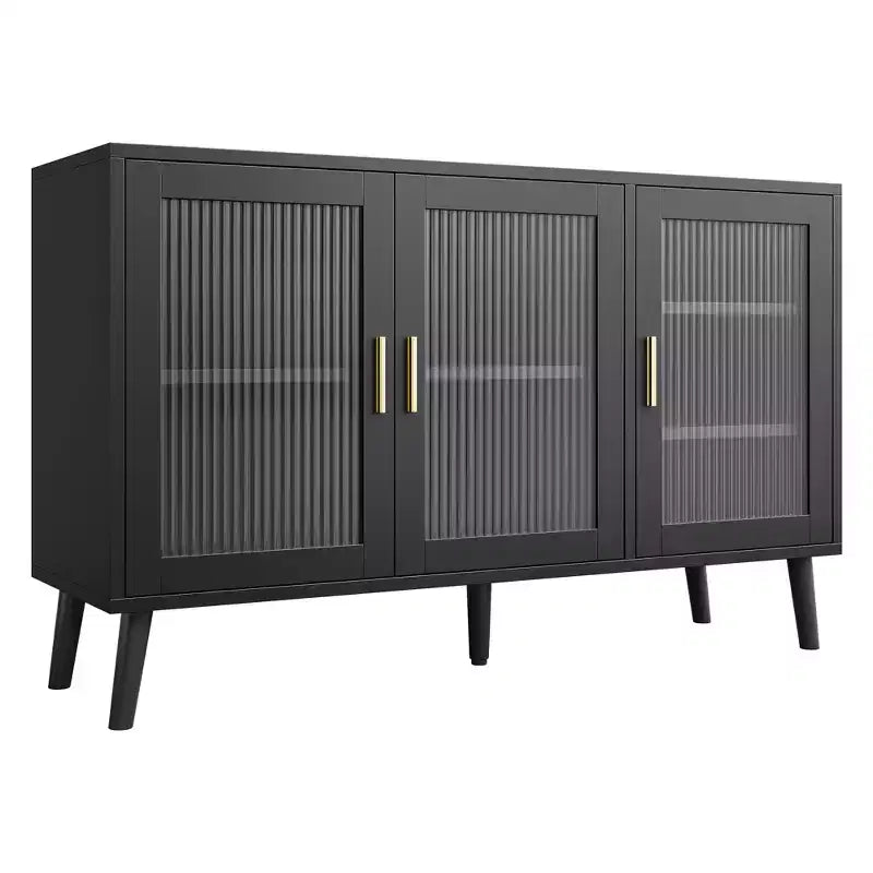 Storage Cabinet with 3 Long Rainbow Glass Doors, Large Capacity Particleboard Sideboard, Modern for Kitchen, Dining, or Living Room Black