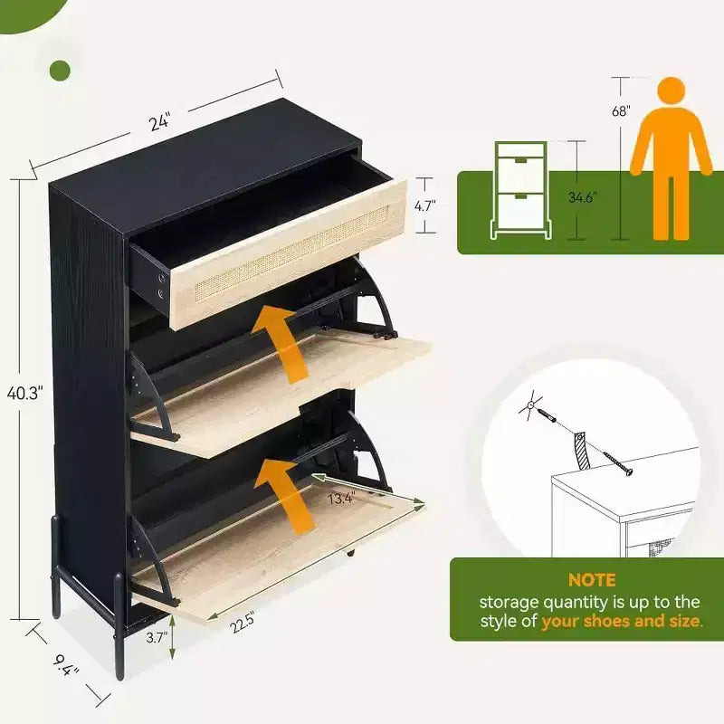 GustoWave Meuble à chaussures slim en rotin à 3 niveaux pour entrée, couloir, porche