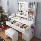 Coiffeuse Okak avec miroir LED et prise de courant, coiffeuse avec 3 tiroirs et 7 étagères, ensemble de coiffeuse avec tabouret de rangement pour chambre à coucher