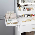 Coiffeuse Okak avec miroir LED et prise de courant, coiffeuse avec 3 tiroirs et 7 étagères, ensemble de coiffeuse avec tabouret de rangement pour chambre à coucher