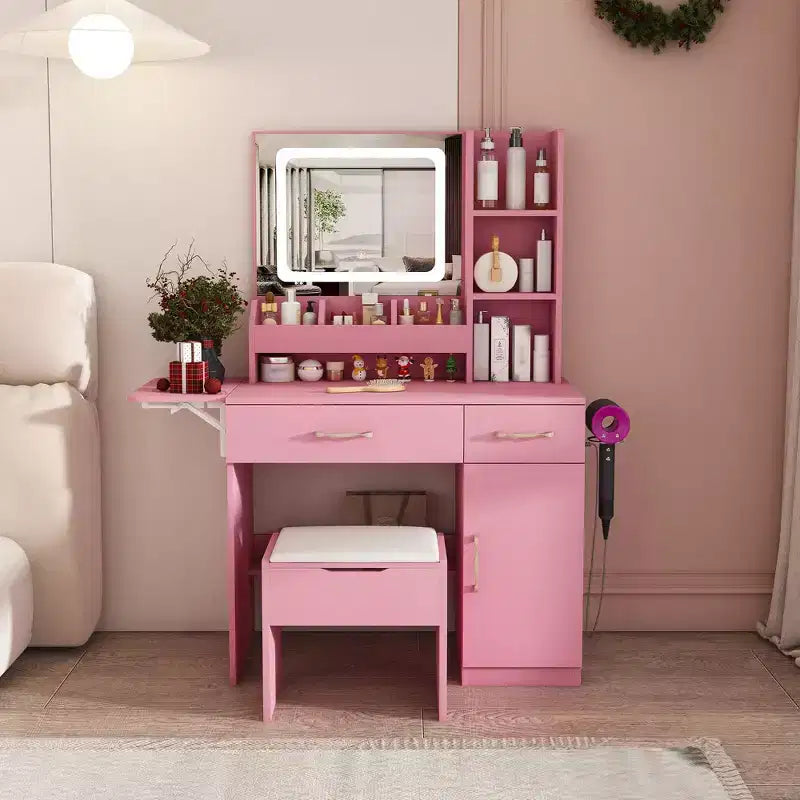 Coiffeuse Okak avec miroir LED et prise de courant, coiffeuse avec 3 tiroirs et 7 étagères, ensemble de coiffeuse avec tabouret de rangement pour chambre à coucher