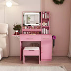 Coiffeuse Okak avec miroir LED et prise de courant, coiffeuse avec 3 tiroirs et 7 étagères, ensemble de coiffeuse avec tabouret de rangement pour chambre à coucher