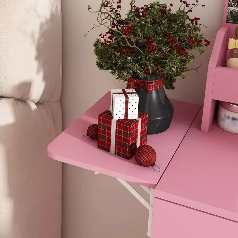 Coiffeuse Okak avec miroir LED et prise de courant, coiffeuse avec 3 tiroirs et 7 étagères, ensemble de coiffeuse avec tabouret de rangement pour chambre à coucher