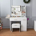 Coiffeuse Okak avec miroir LED et prise de courant, coiffeuse avec 3 tiroirs et 7 étagères, ensemble de coiffeuse avec tabouret de rangement pour chambre à coucher