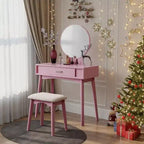 Coiffeuse contemporaine en bois Okak avec tabouret, coiffeuse de maquillage avec miroir rond et 1 tiroir, coiffeuse pour filles pour chambre à coucher, dressing
