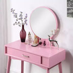 Coiffeuse contemporaine en bois Okak avec tabouret, coiffeuse de maquillage avec miroir rond et 1 tiroir, coiffeuse pour filles pour chambre à coucher, dressing