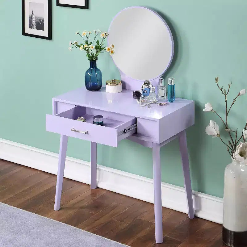 Coiffeuse contemporaine en bois Okak avec tabouret, coiffeuse de maquillage avec miroir rond et 1 tiroir, coiffeuse pour filles pour chambre à coucher, dressing