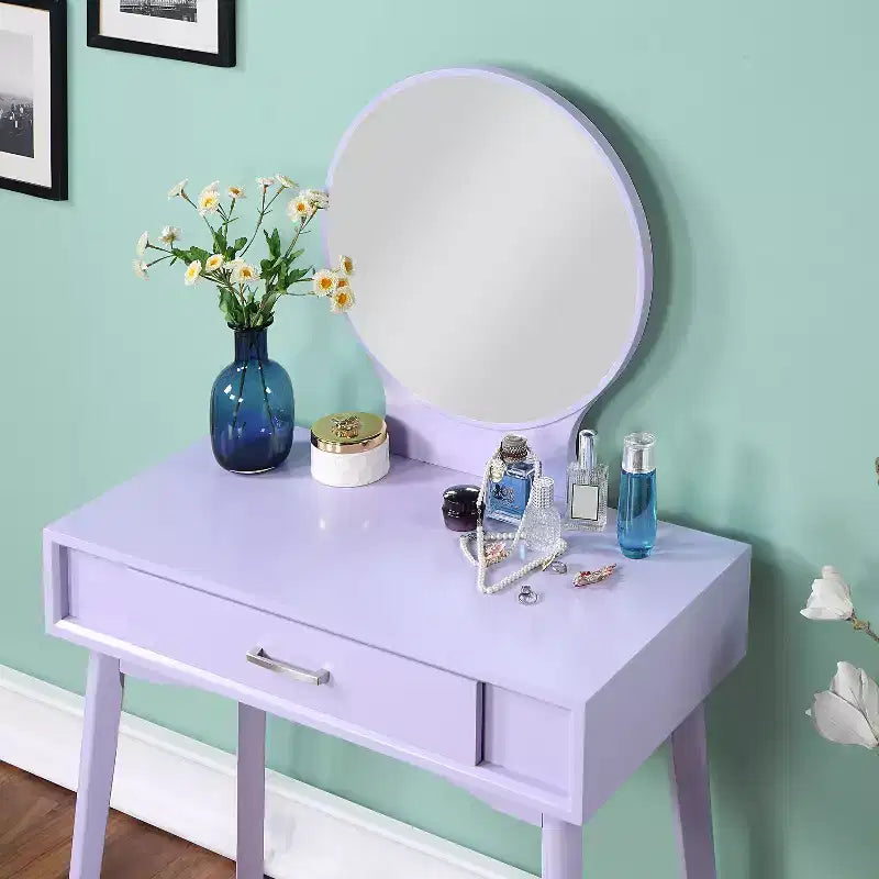 Coiffeuse contemporaine en bois Okak avec tabouret, coiffeuse de maquillage avec miroir rond et 1 tiroir, coiffeuse pour filles pour chambre à coucher, dressing