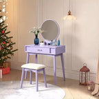 Coiffeuse contemporaine en bois Okak avec tabouret, coiffeuse de maquillage avec miroir rond et 1 tiroir, coiffeuse pour filles pour chambre à coucher, dressing