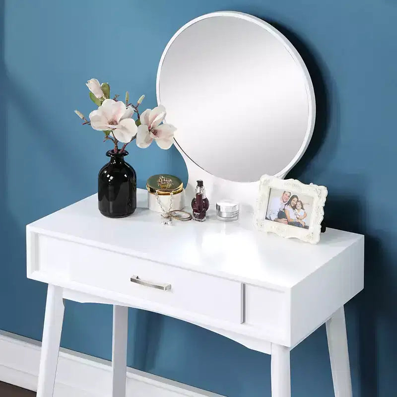 Coiffeuse contemporaine en bois Okak avec tabouret, coiffeuse de maquillage avec miroir rond et 1 tiroir, coiffeuse pour filles pour chambre à coucher, dressing