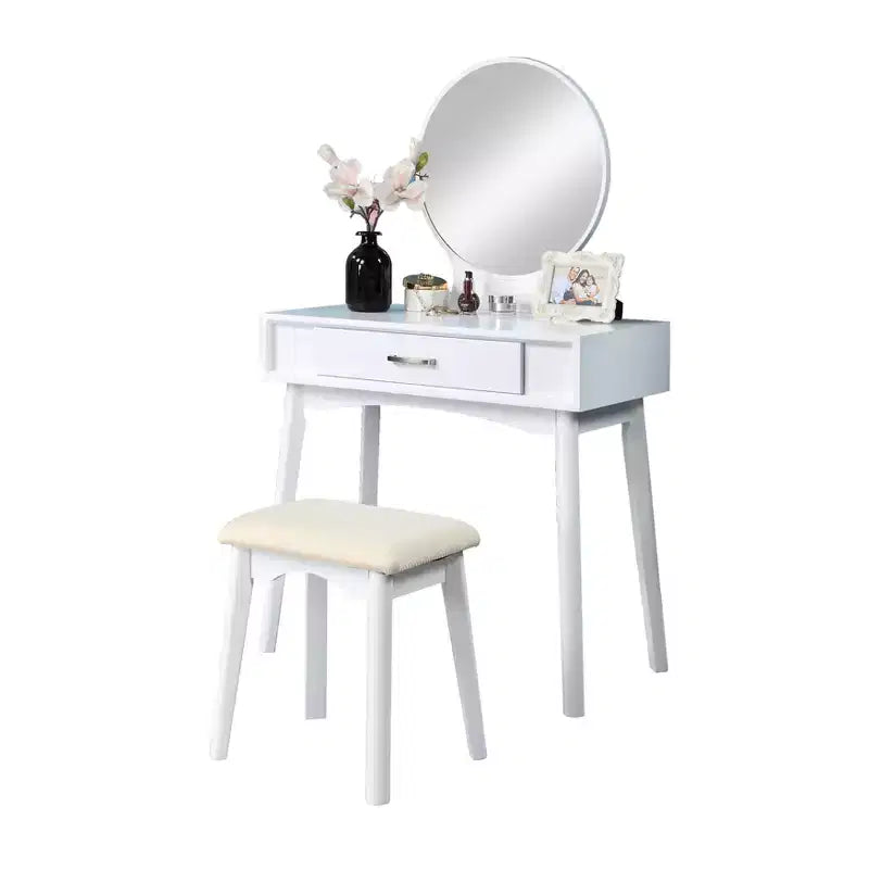Coiffeuse contemporaine en bois Okak avec tabouret, coiffeuse de maquillage avec miroir rond et 1 tiroir, coiffeuse pour filles pour chambre à coucher, dressing
