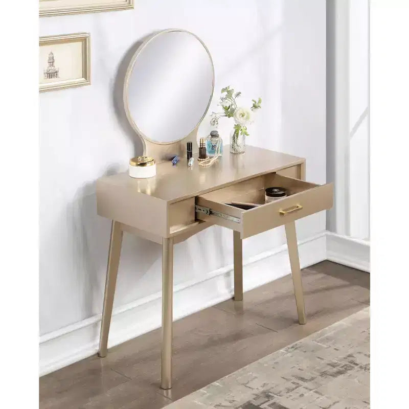 Coiffeuse contemporaine en bois Okak avec tabouret, coiffeuse de maquillage avec miroir rond et 1 tiroir, coiffeuse pour filles pour chambre à coucher, dressing
