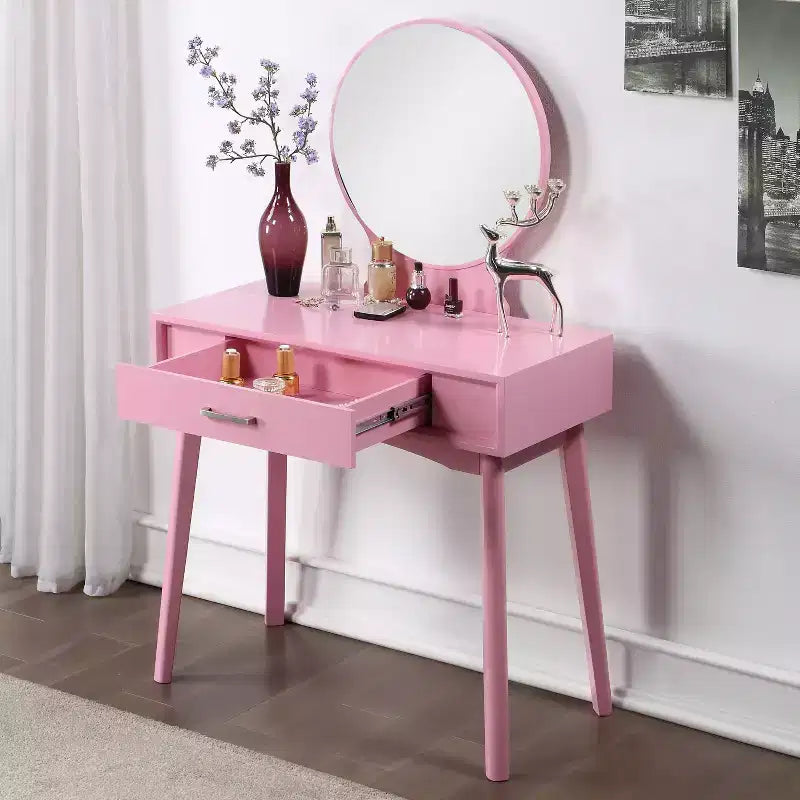 Coiffeuse contemporaine en bois Okak avec tabouret, coiffeuse de maquillage avec miroir rond et 1 tiroir, coiffeuse pour filles pour chambre à coucher, dressing